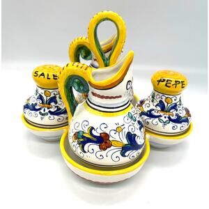Deruta Italian Hand Painted Oil Vinegar Salt & Pepper Caddy Italy